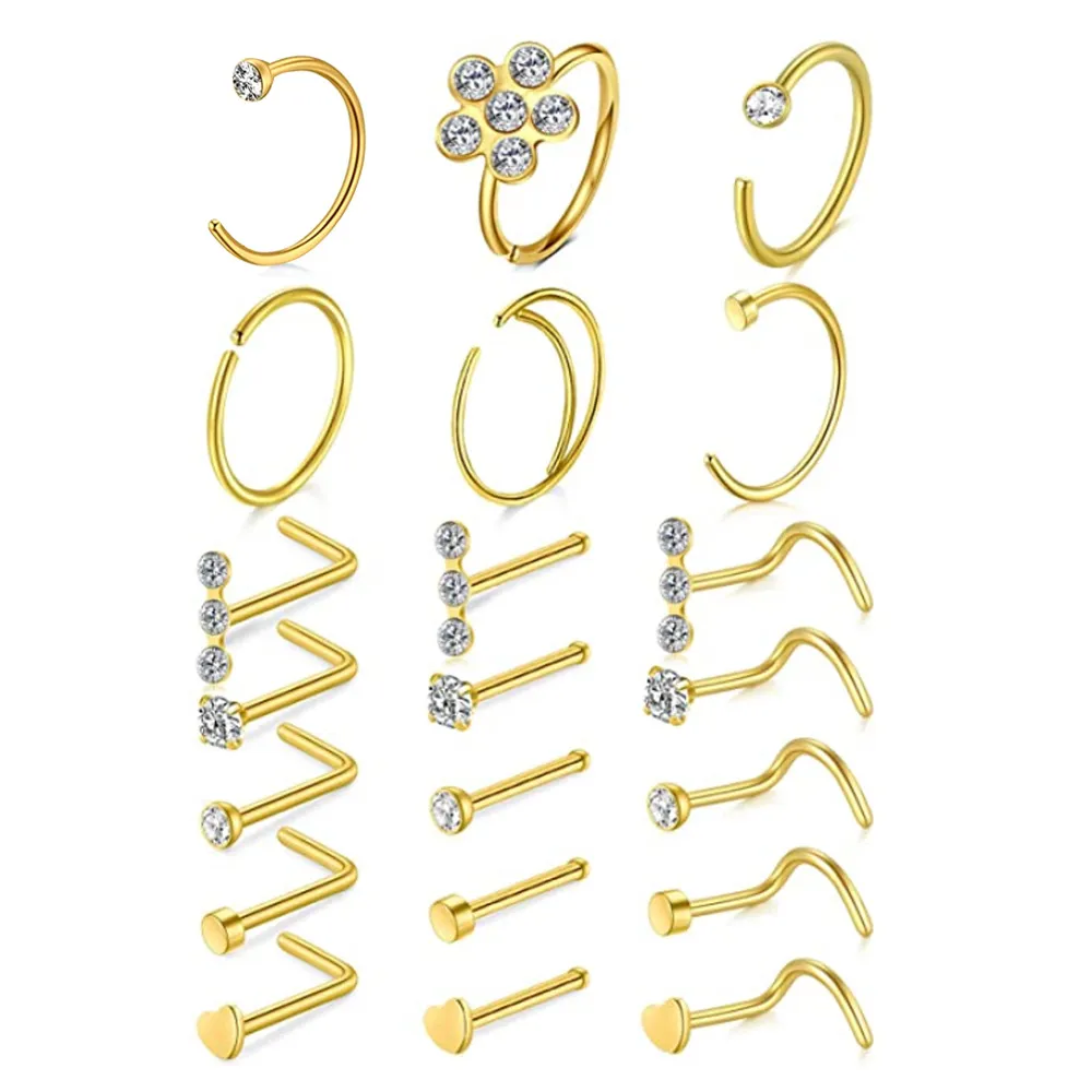 Anéis de nariz Hoop L Forma Studs Aço Inoxidável Parafuso Osso Flat Top Diamante Opala Coração Alta Narina Piercing Jóias para Mulheres Men215K