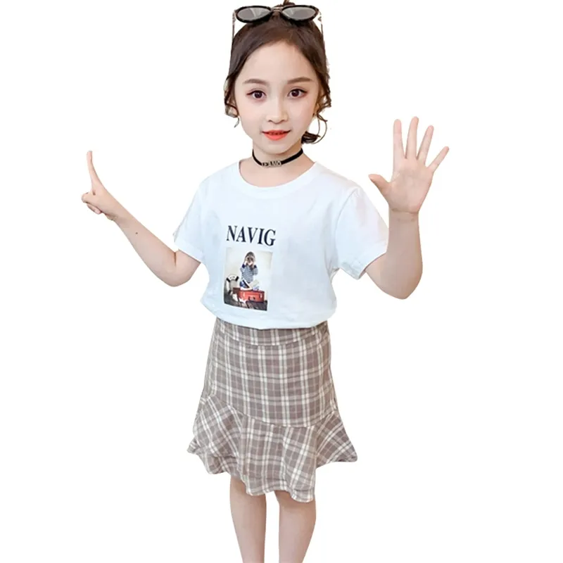 Meisjes zomer kleding plaid patroon set t-shirt + rok voor brief kinder trainingspak 210528