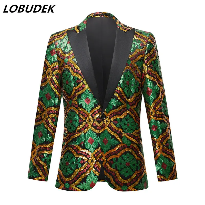 Men's Sequins Embroidery Floral Blazers Gold Green Lapel Single Button Slim Fit Tuxedo Jacket Singer Host Stage Evening Party Blazer Performance Costume