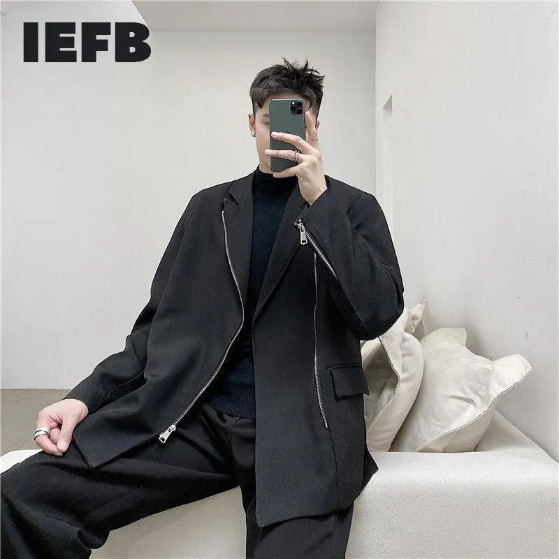 IEFB весенняя мода молния черный белый Casual костюм пальто для мужчин Свободные негабаритные пиджаки дизайн одежды вершины 9Y4730 210524