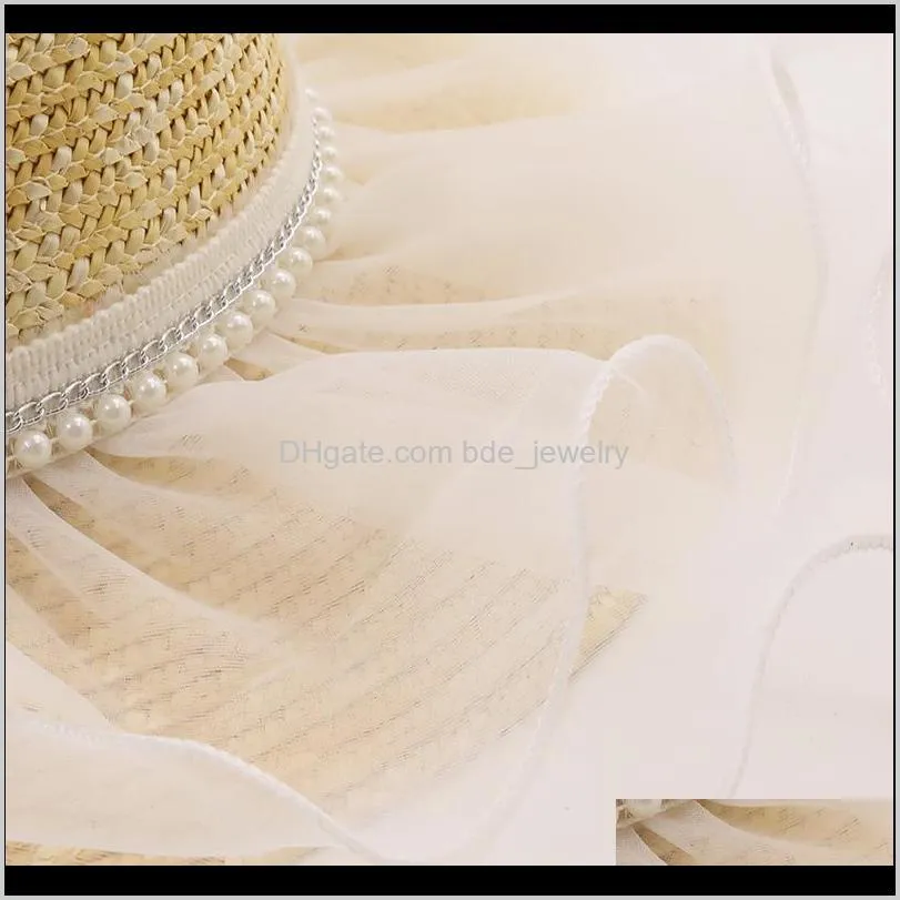 women natural wheat straw hat lace pearl ribbon tie 9cm brim boater beach sun cap lady summer wide hats