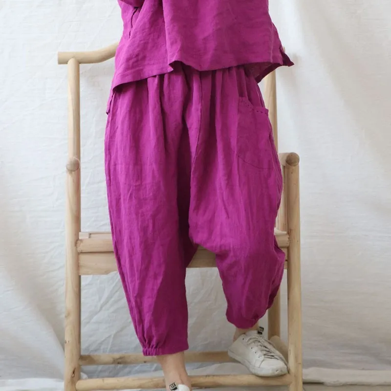 Johnature couleur unie coton lin rétro taille élastique pantalon croisé automne ample confortable all-match mollet longueur pantalon 210521