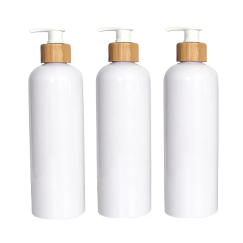 Glänzende weiße Kunststoffflasche, PET-Bambus, Holzkragen, Lotionspumpe, leeres Shampoo, Duschgel, nachfüllbarer kosmetischer Verpackungsbehälter, 500 ml