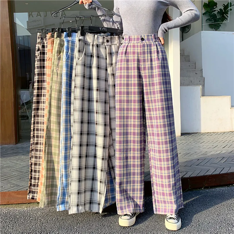 Qnpqyx nieuwe mode damesroosterbroek vintage plaid causale lange vrouwen broek straat mode rechte wijde beenbroek