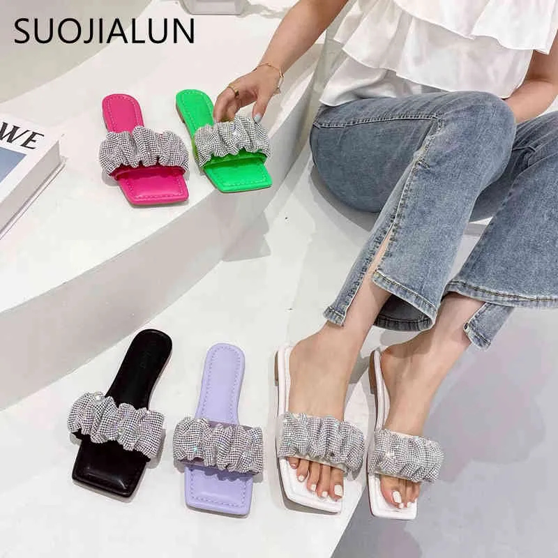 Suojailun 2021 Nouvelle marque Femmes Pantoufles Fashion Bling Strass Sandal Sandales Été Extérieur Sandales Plat Flop Big Taille 41 C0407