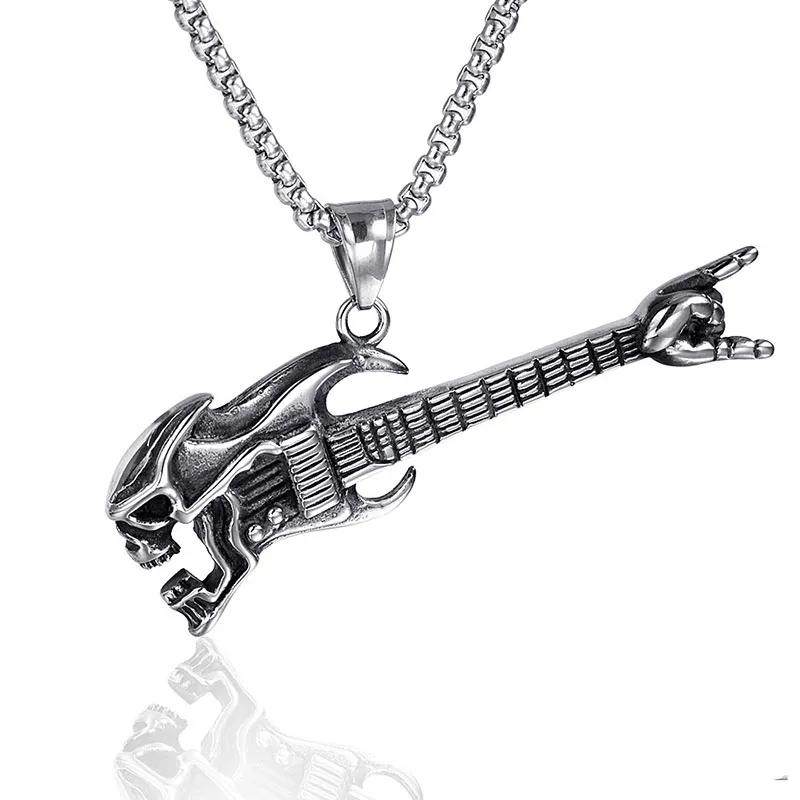 Mode Dominateur Crâne Basse Guitare Geste Pendentif Collier Rétro Musique Hip Hop Hommes Bijoux Accessoires Cadeau