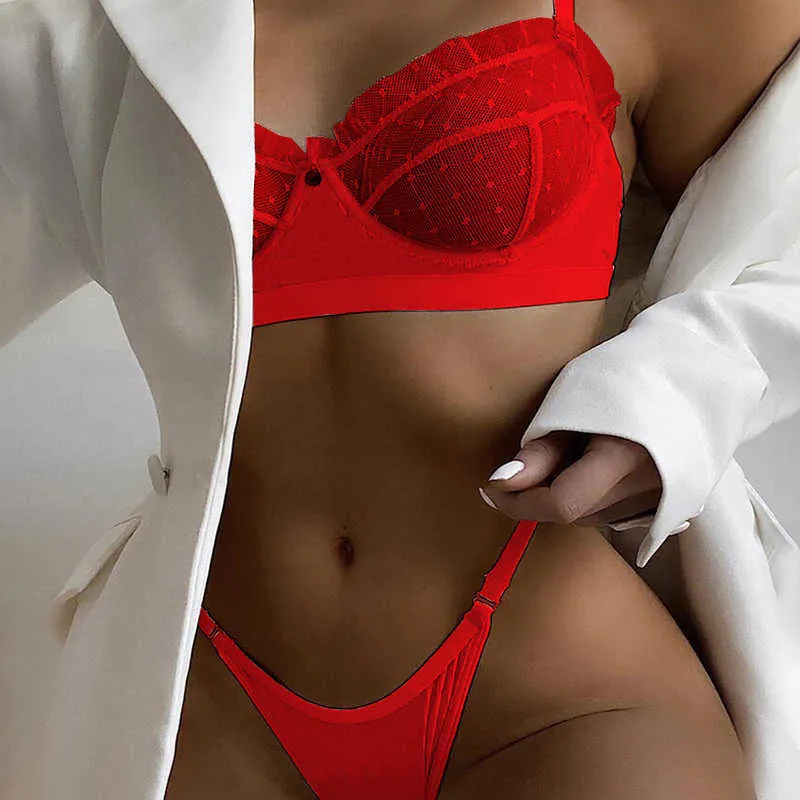Women Mesh Sexy Red Lingerie Plus Size Wireless Bra Panty