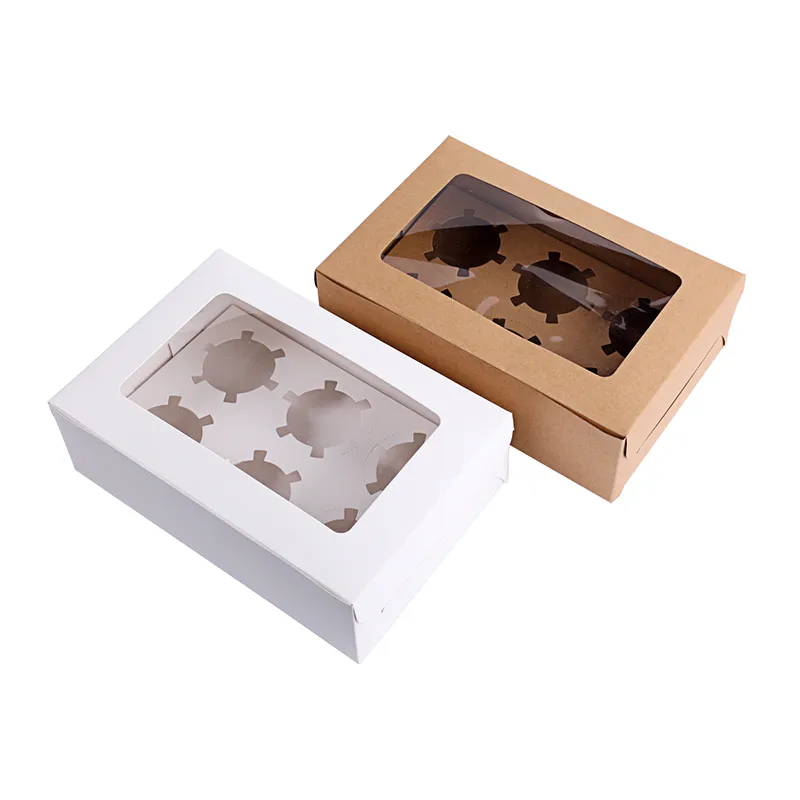 Windowed Cupcake Boxes White Brown Kraft Paper Box Gift Packaging For Wedding Festival Party 6 Cup Cake Holders Customized