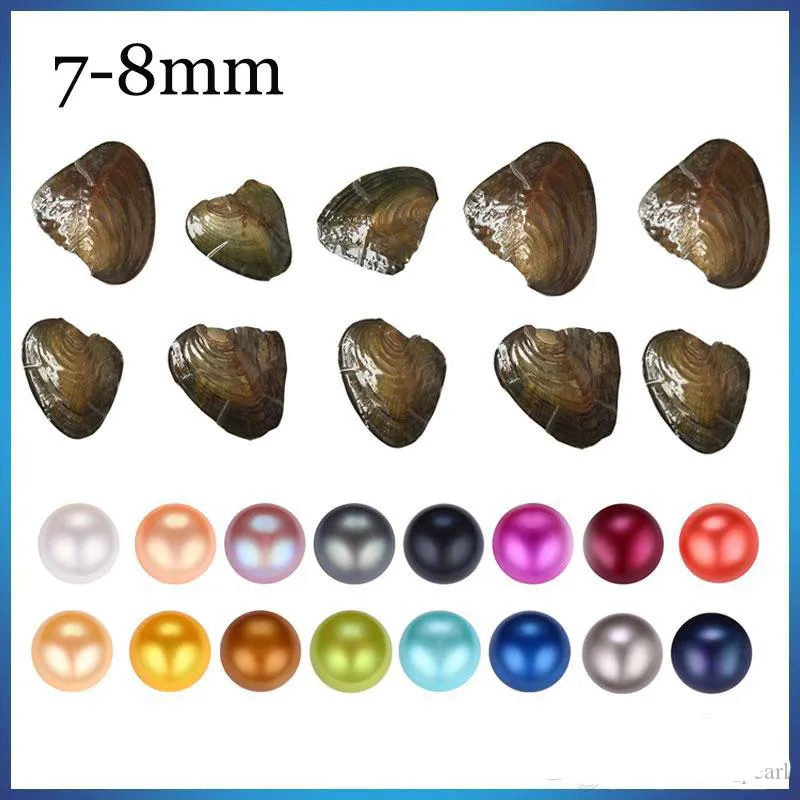 DIY 7-8 mm Süßwasser Akoya Auster mit einzelnen Perlen gemischt 25 Farben Top-Qualität-Kreis Natürlicher Perle im Vakuumpaket für Geschenk überrais