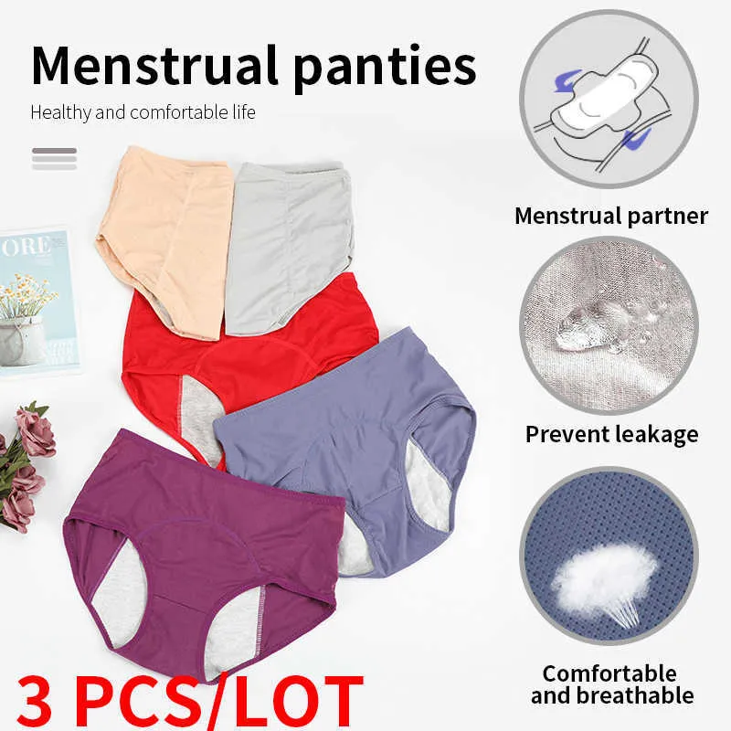 3pcs Menstrual Panties Bragas Underwear Female Panties for Women Tanga Cotton Briefs Bragas Plus Size Lingerie Calcinha Shorts 211021