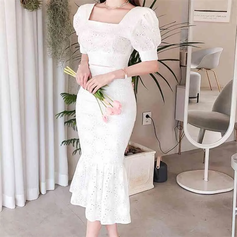 Korean OL Work Wear 2 Piece Set Women Square Collar Crop Top + Sheath Mermaid Long Skirts Suits Fashion Casual Two Outfits 210514