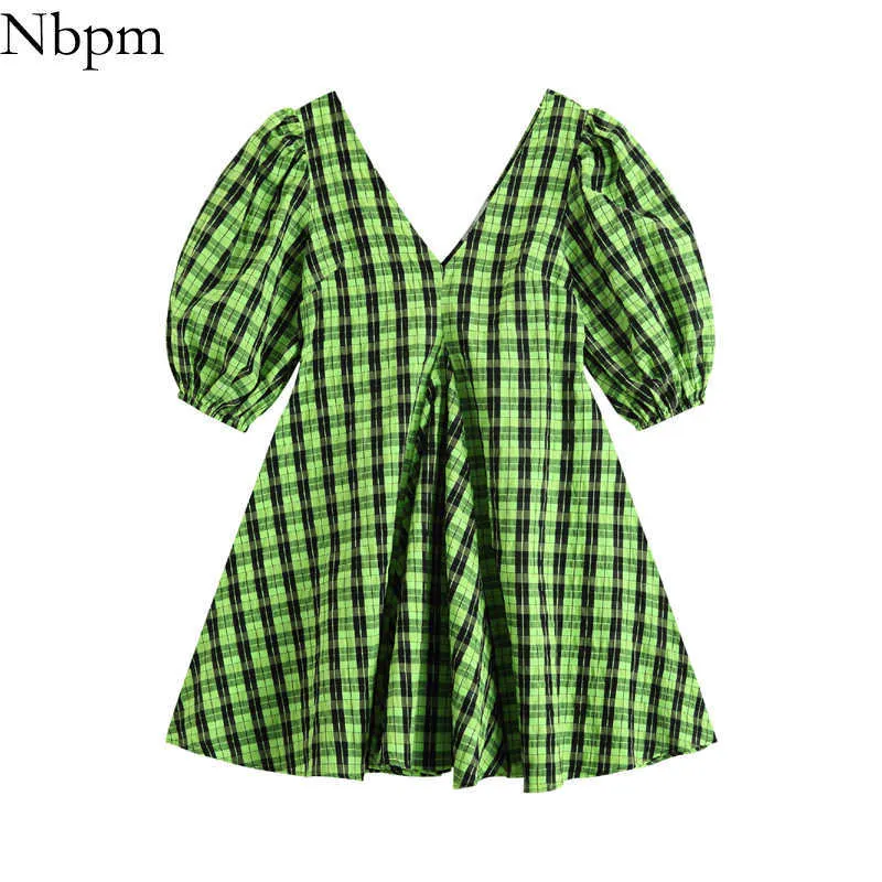 Nbpm kvinnor söt mode med gulgrön plaid v-nacke kvinnor klänning cool tjej puff ärm sommar sundresses party chic 210529