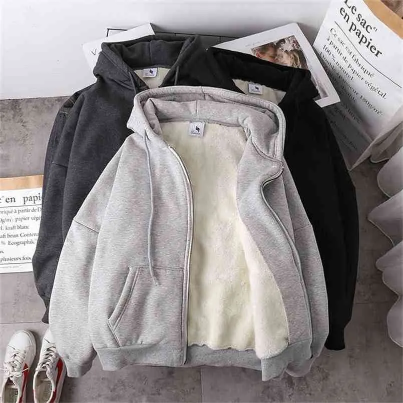 Jas vrouwen effen kleur hoodies herfst winter imitatie lam wol Koreaans los plus fluwelen dikke rits sweatshirt tops 210909