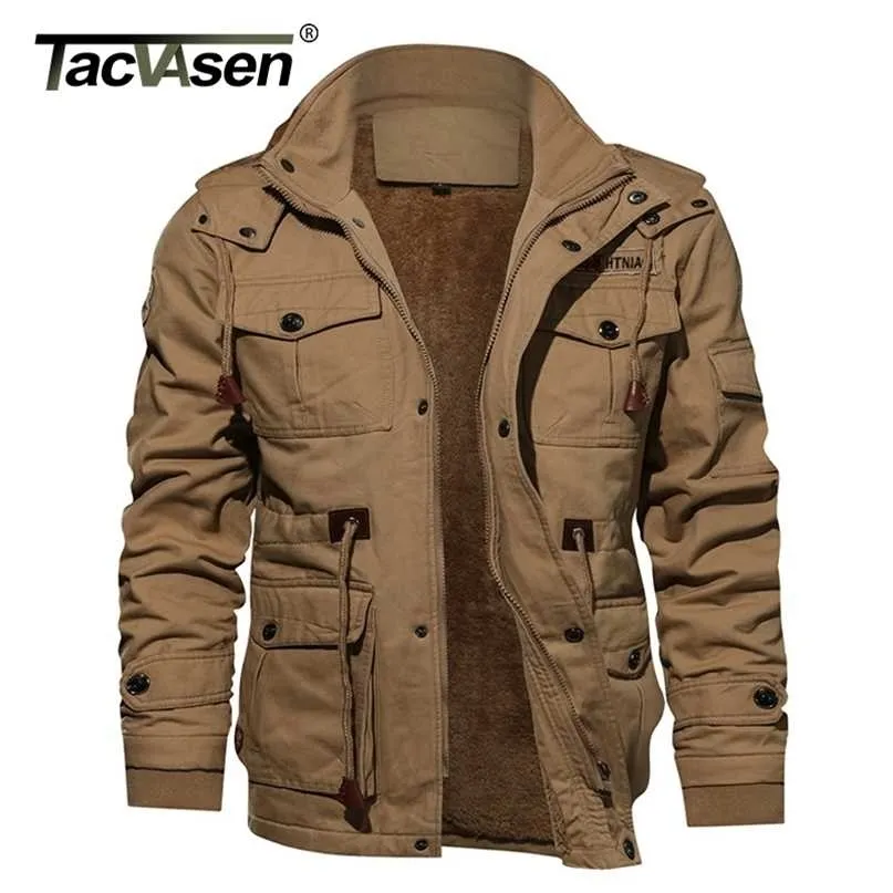 TACVASEN Militaire Épaissir Veste Polaire Hommes Hiver Casual Veste À Capuche Manteau Pilote Cargo Coton Vestes Coupe-Vent Parka Homme 211217