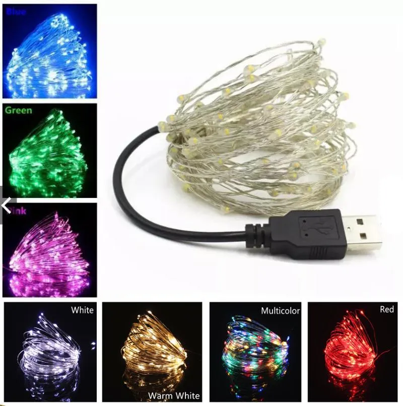Struny LED Lights 5m 50leds 10m 100leds 5 V USB String Light Fairy Boże Narodzenie Silver Drut Ślub Garland