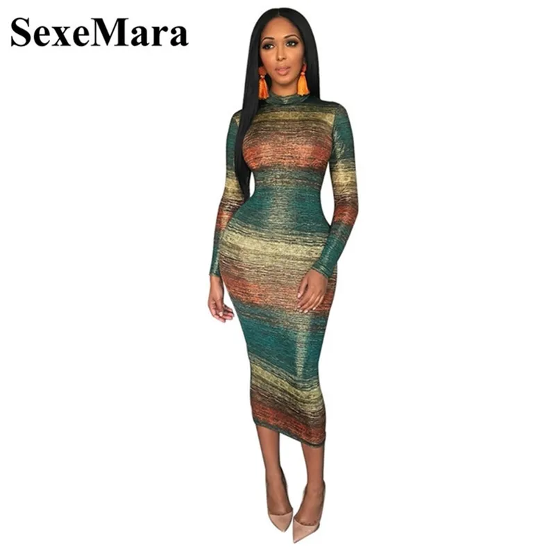 Anjamanor Gradient Färg Striped Print Långärmad Bodycon Dress Women Sexy Club Bandage Dresses Fall Fashion D63-AE35 Q190506