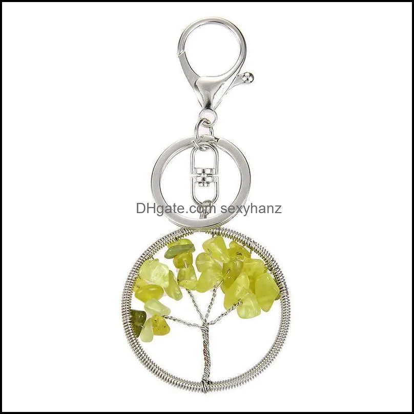 Tree Of Life Pendant Keychains Crystal Stone Keyring Key Chain 7 Chakra Healing Round Handmade Key Ring Car Key Holder Bag GWB11886