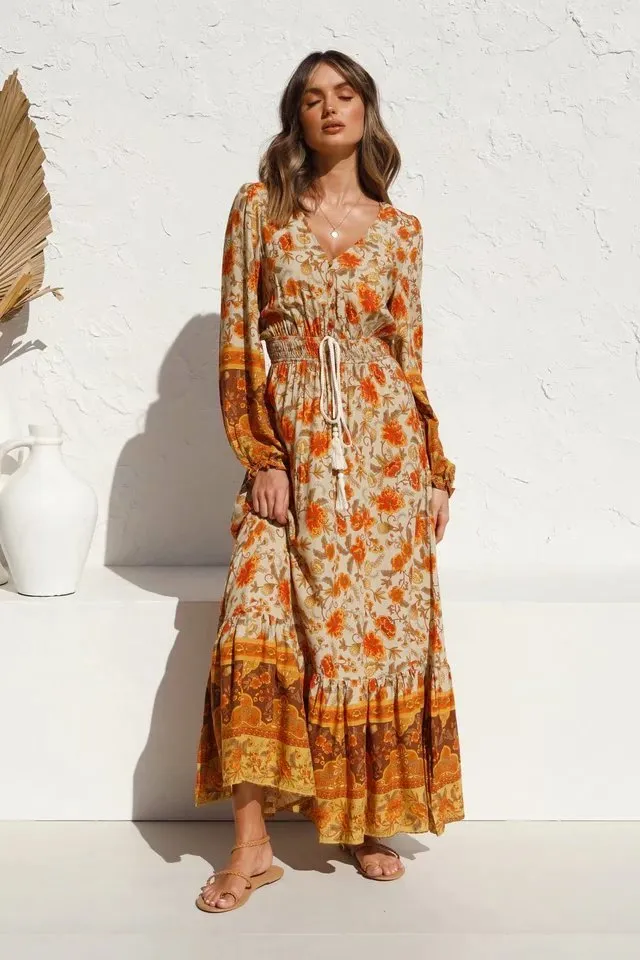 Boho Floral Print Linen Maxi Dress Women V-Neck Long Sleeve Empire Waist  Casual Beach Dress from Dhgate Women's T-Shirt - price 69.35