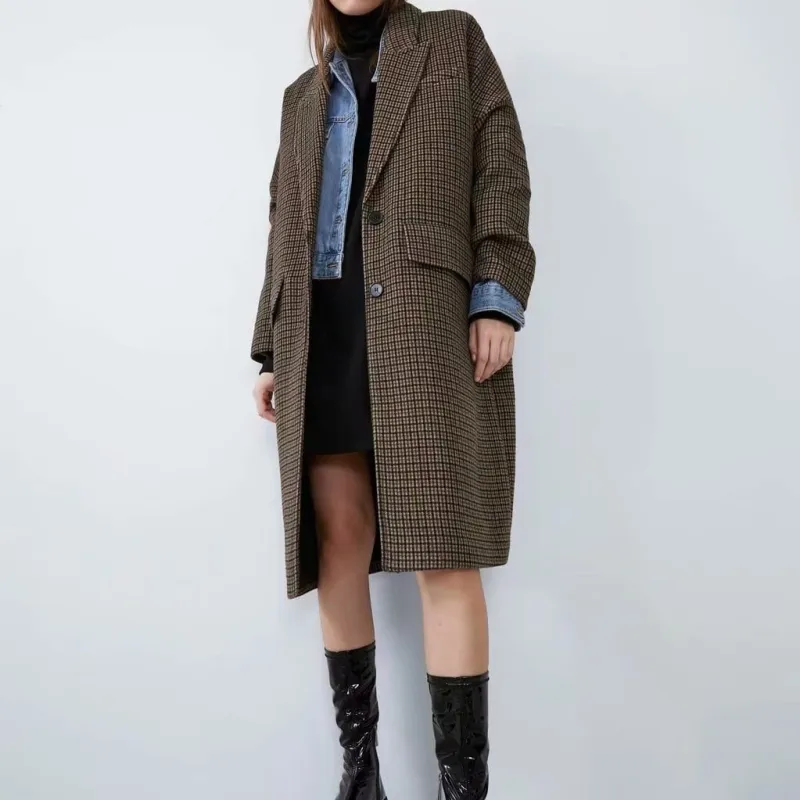 Vintage femme long manteau à carreaux mode dames automne décontracté simple boutonnage vêtements d'extérieur femme vestes chaudes 210515