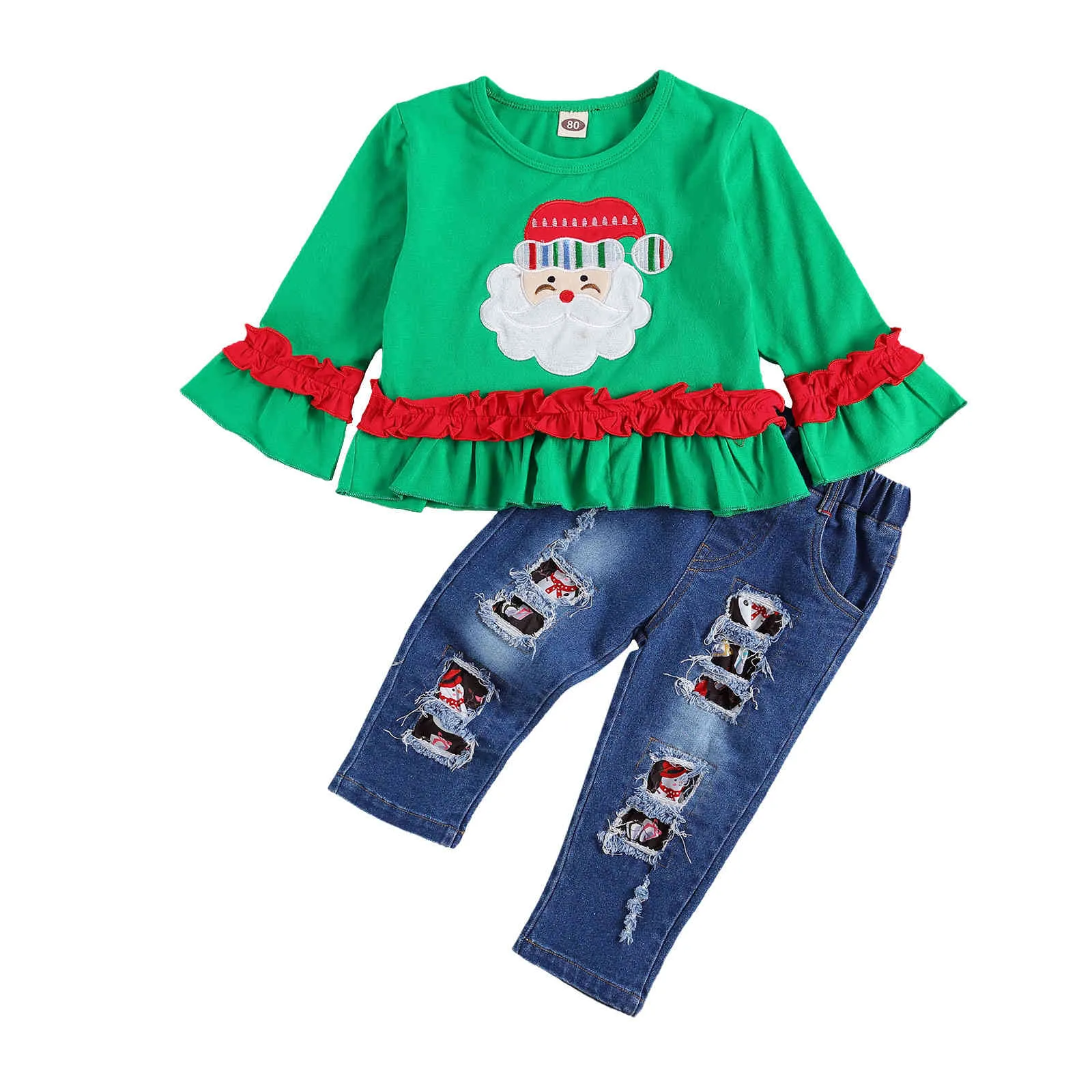 1-6Y Jul Toddler Kid Tjejer Kläder Ställ Grön Långärmad Santa Toppar Denim Byxor Outfits Xmas Child 210515