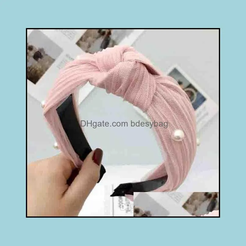 designer headbands Mesh lace pearl version of the wide side simple middle knotted headband female