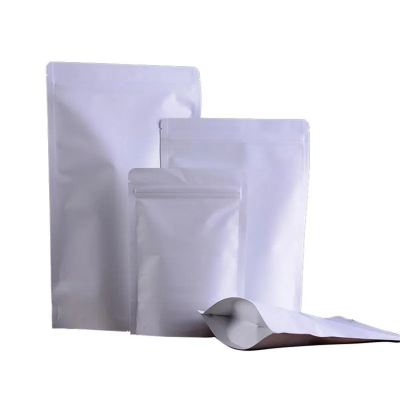 2021 Sacchetto di carta kraft bianco Foglio di alluminio Stand Up Buste Sacchetto di immagazzinaggio sigillante riciclabile per snack da tè