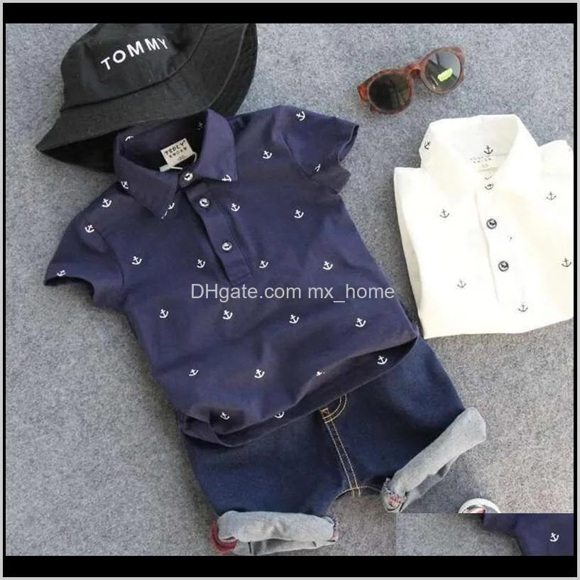 summer new children clothing boy sets anchor gentleman short-sleeved shirt + denim shorts 2 pcs sets for 2-7 yrs kids