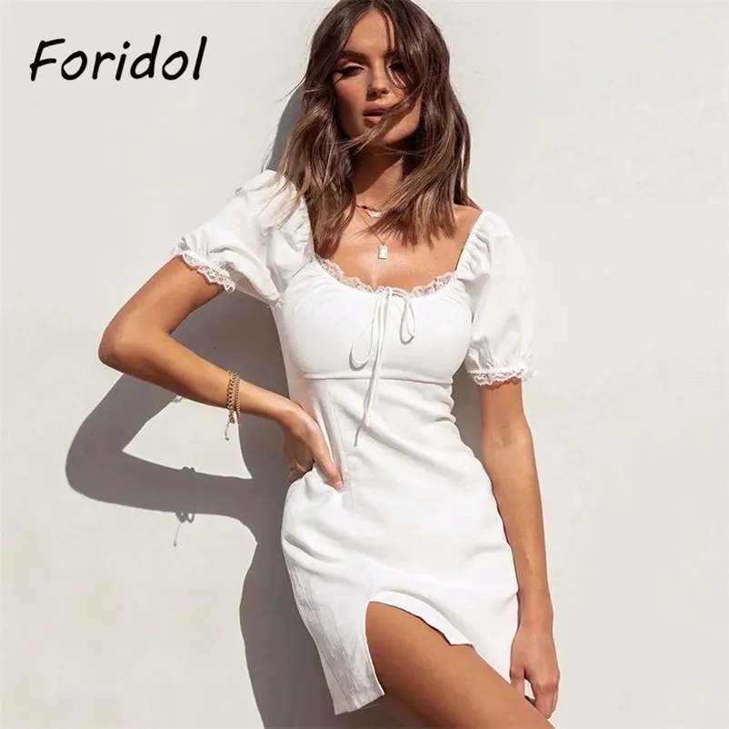 Foridol Vinatge Yaz Beyaz Dantel Elbise Kadınlar Seksi Puf Kollu Plaj Tatil Elbise Rahat A-Line Backless Lace Up Elbise 210415