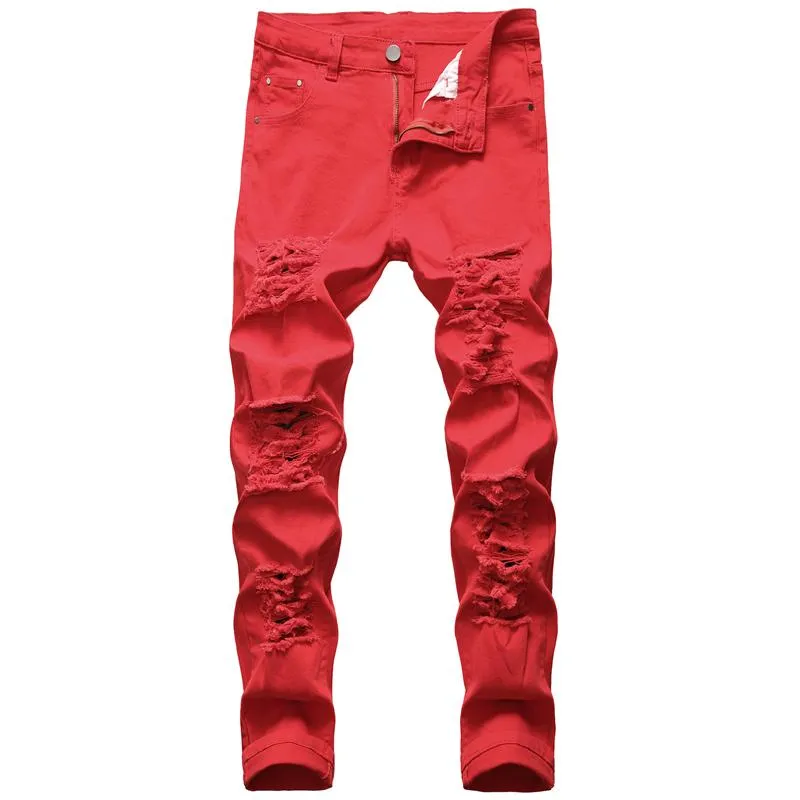 2021 de alta qualidade marca hip hop mão jeans homens furo furo vermelho zíper calças de desenhador jeans slim casual em linha reta homens