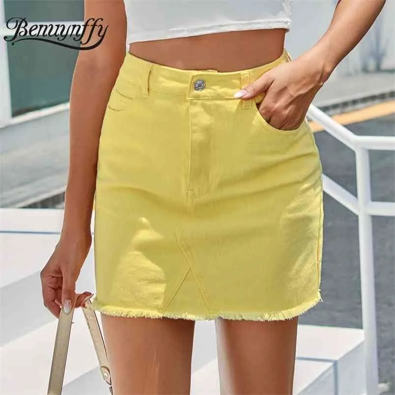 Przycisk Fly Raw Hem Yellow Denim Spódnica Kobiety Wiosna Lato A-Line Bodycon S Kobieta Wysoka Talii Street Mini 210510