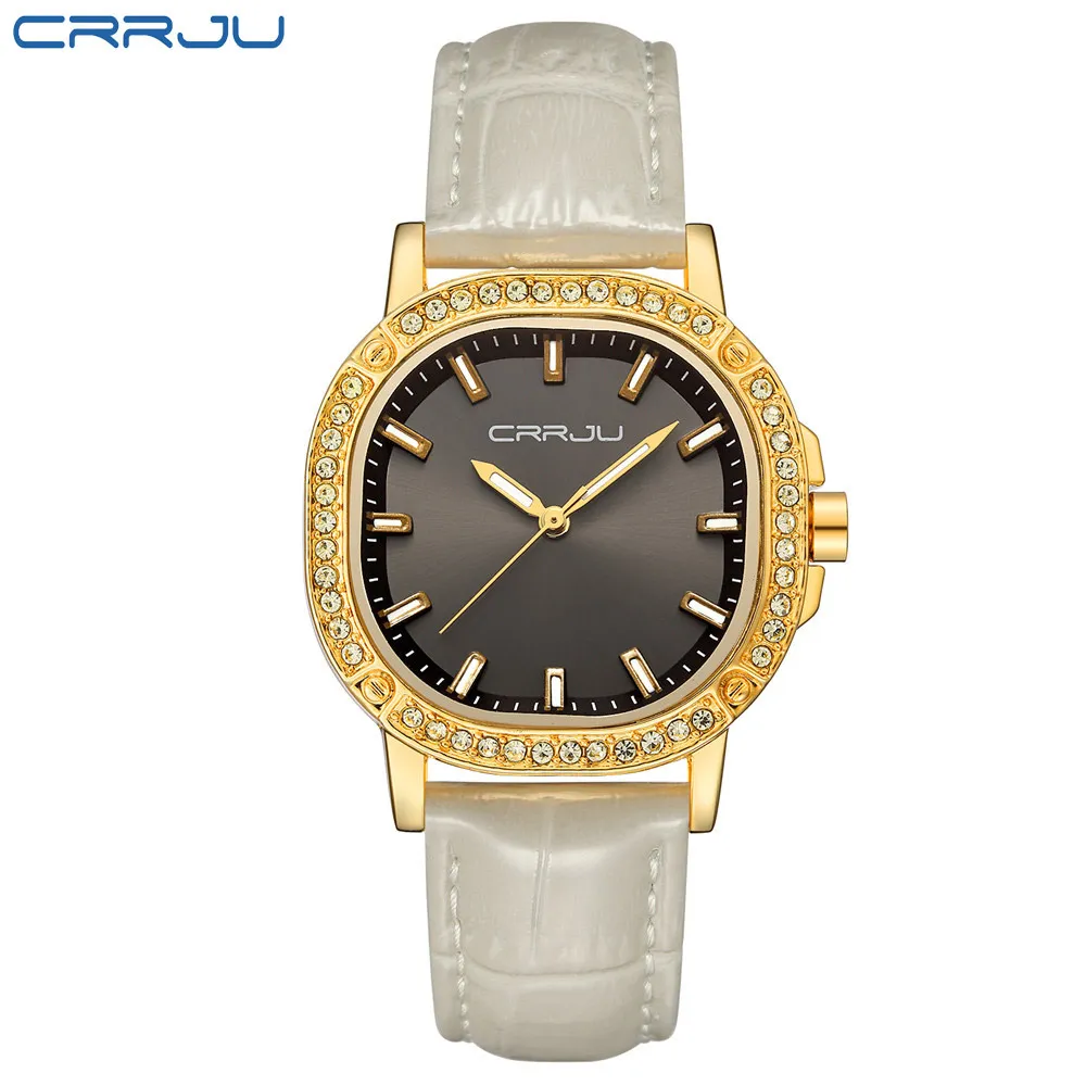 Crrju мода бренд кожаный ремешок алмазные кварцевые женщины часы женщины женские платья часы женские повседневные золотые часы 210517