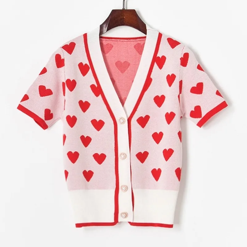 Verão Sweet Hit Color Blusas de amor para as mulheres Casual All-Match Decote em v Thin Knit Cardigan Elegante Escritório Lady Woman Tops 210525