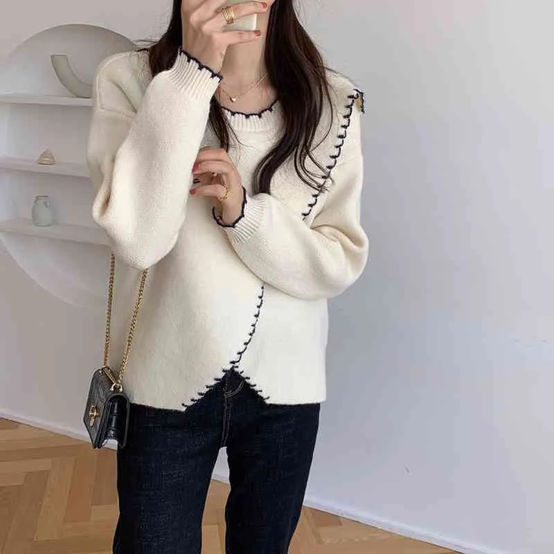 Comelsexy Chic Kvinnor Mode Retro Criss-Cross O-Neck Knitwear Tröja Elegant Loose Casual Solid Mjuka Koreanska Pullovers 210515