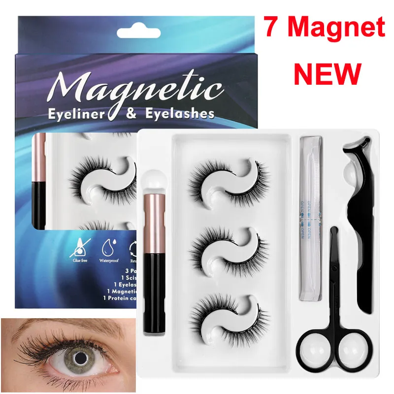 3d magnetiska falska ögonfransar + flytande eyeliner + tweezer + fransar saxar ögonproteinvård makeup set 3 par 7 magnet falska ögonfransar naturligt återanvändbart inget lim behövs