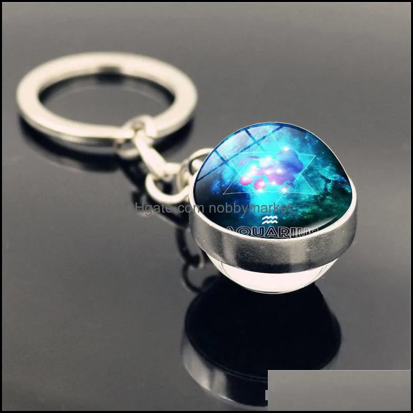 New Accessories Double-sided Glass Crystal Ball 12 Constellation Time Stone Keychain Keyring Creative Men Women Bag Car Key Jewelry