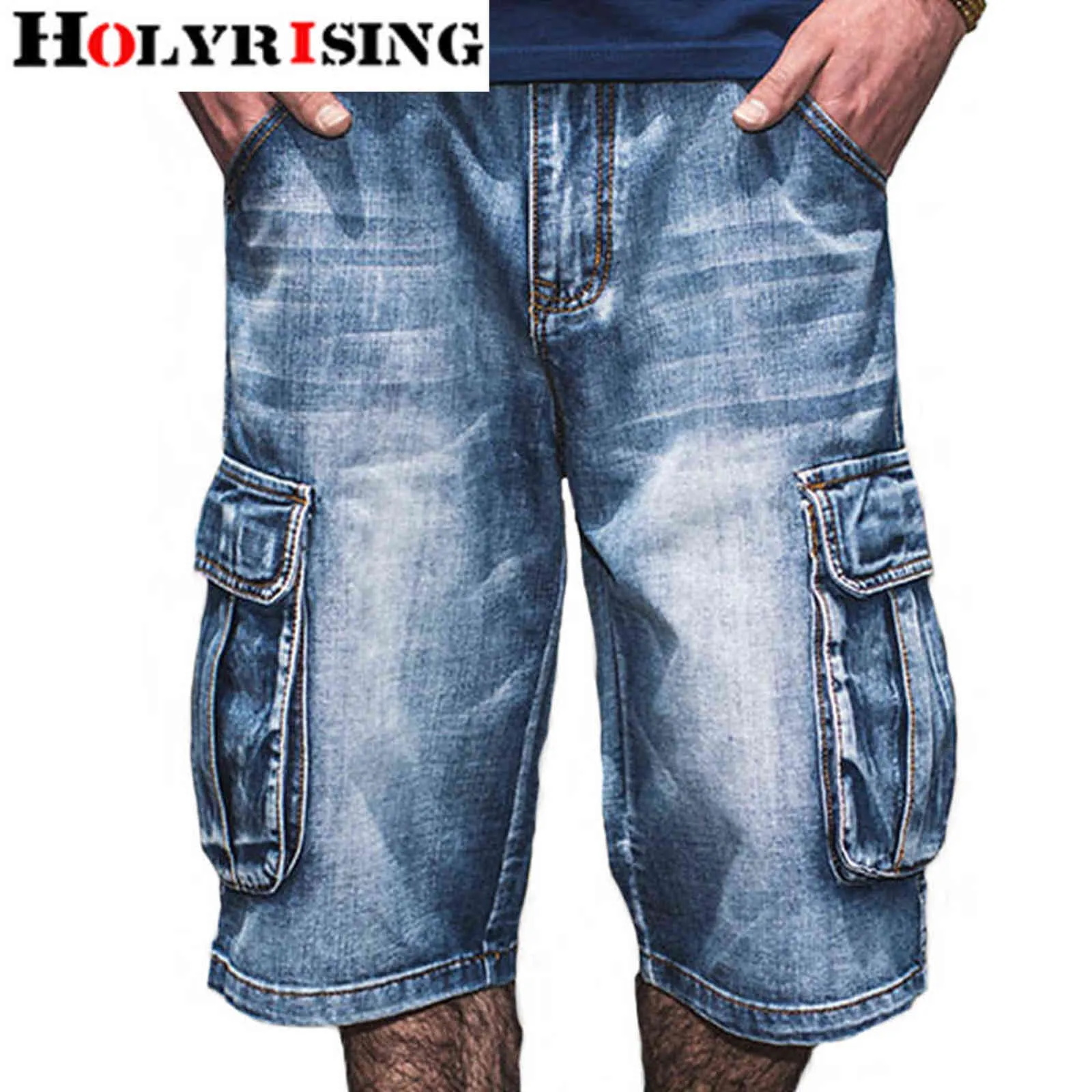 Honoyrising Letnie dżinsy Mężczyźni Trudnowane Jean Kieszenie Streetwear Zipper Jeans Man Calf-Długość Niebieskie Dżinsowe Spodnie Plus Szie 30-4112020