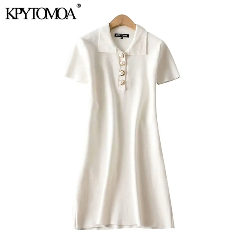 Women Chic Fashion Faux Pearl Buttons Knitted Mini Dress Short Sleeve Stretch Slim Female Mujer 210420