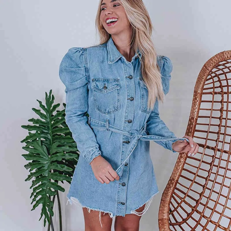 送料無料の商品 tunic denim Sleeve Puff Long Blue for with Dress women Clothing