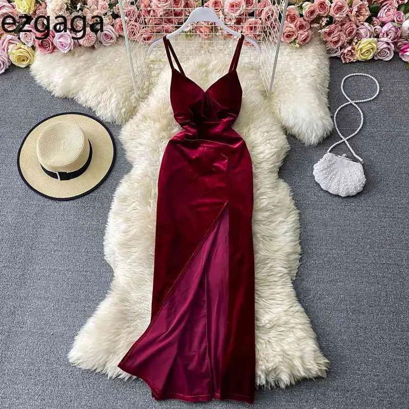 Ezgaga Vinatge Spaghetti Strap Dress Femmes Col En V Sans Manches Split Solide Élégant Sexy Adies Robe Moulante Robes De Soirée Vestidos 210430