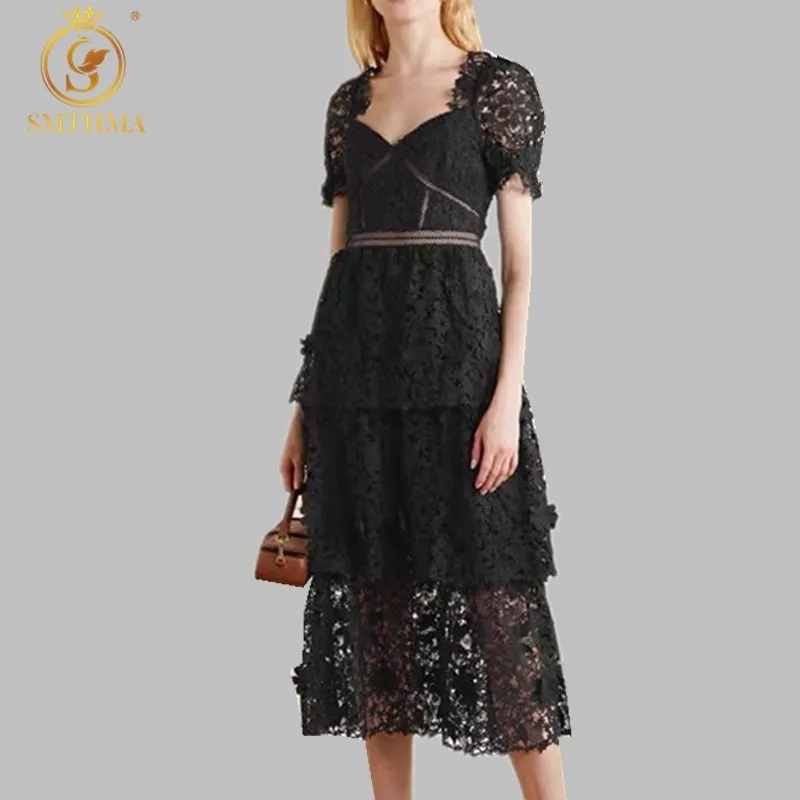 Högkvalitativ lyxig designbanan kommer elegant svart pläterad lång klänning Kvinnor Kortärmad spetsfest 210520
