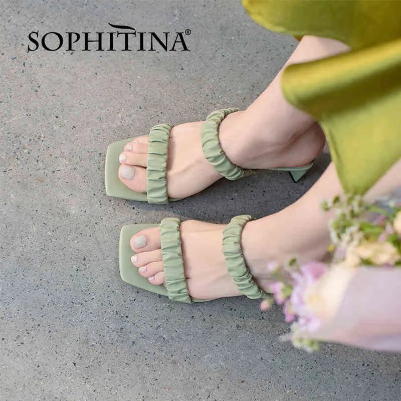 Sophitina Kvinnor Skor Sandaler Sommar Äkta Läder Square Heel Square Toe Dressing Hög kvalitet Pläterad Fashionable Fo322 210513