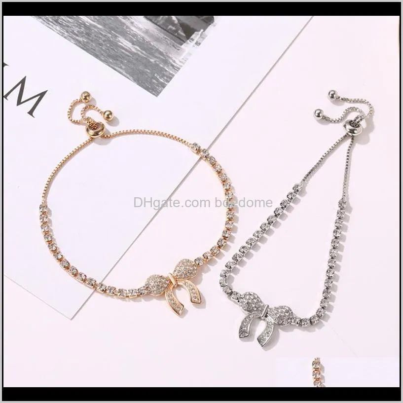 charm bracelet crystal setting bow tie shape bead gold silver plated metal prong channel setting chain adjusted box chain women gift