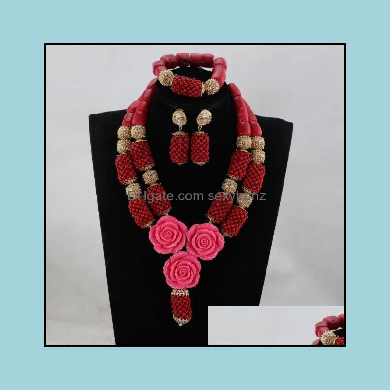Earrings & Necklace Gorgeous Red Coral African Beads Jewelry Set Flower Bib Statement For Brides Nigerian Women Jewellery CNR914