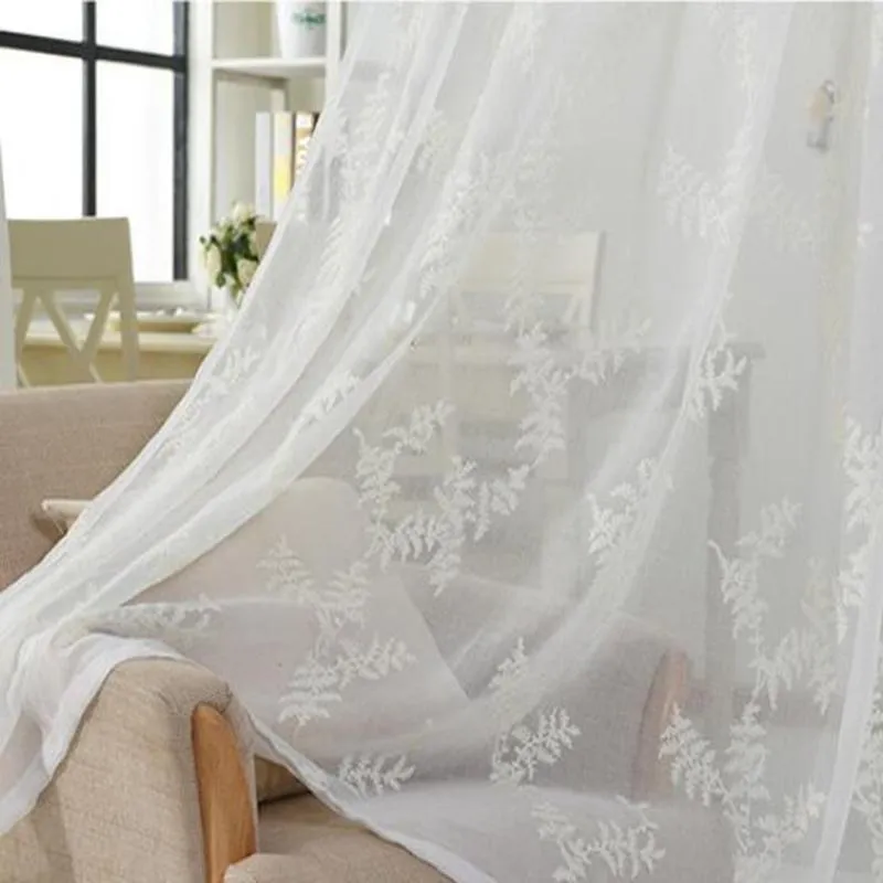 White Screen Linen Yarn Window Panels Pine Leaves Embroidery Tulle Curtain For Living Room Bedroom Drapes Cortinas De Sala &