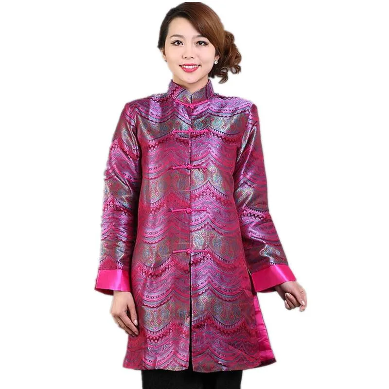 Casacos de trench de mulheres desconto rosa chinês senhora seda cetim jaqueta mandarim colarinho slim outwear botão flor casaco tamanho s a xxxl