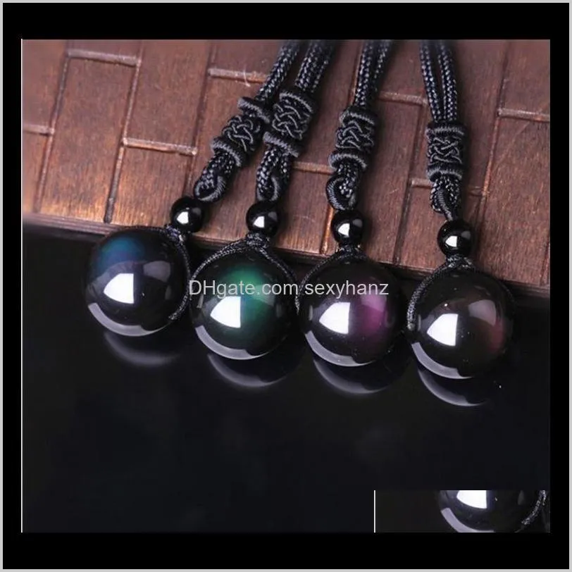 10mm natural stone black obsidian rainbow eye beads ball pendant transfer lucky love crystal jewelry with rope for women and men