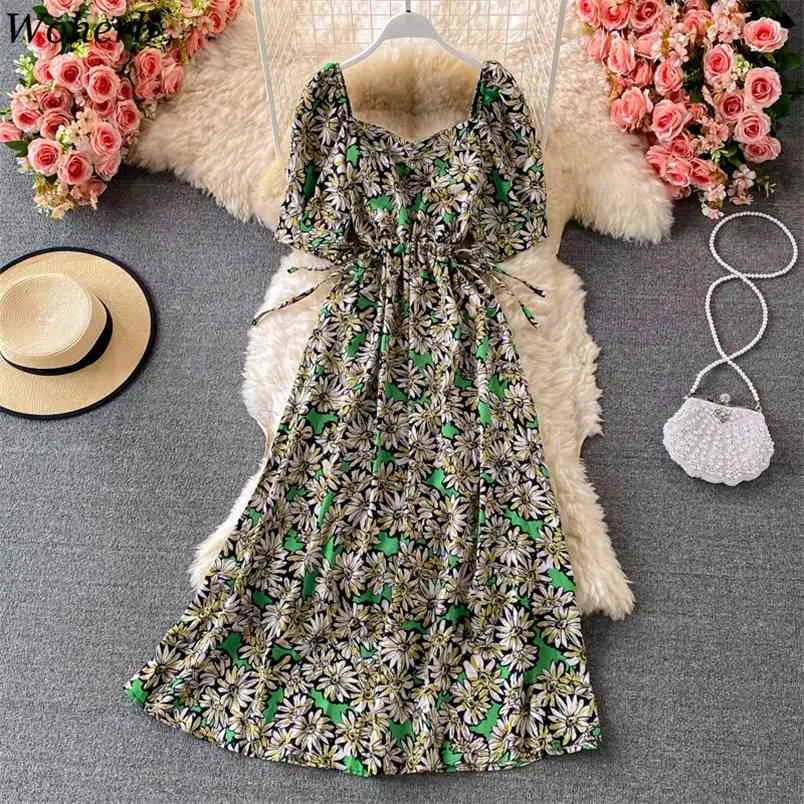 Vintage Floral Square Collar Dress Kvinnor Sommar Koreanska Vestidos Puff Sleeve Drawstring Slim Waist Beach Holiday Dresses 210519