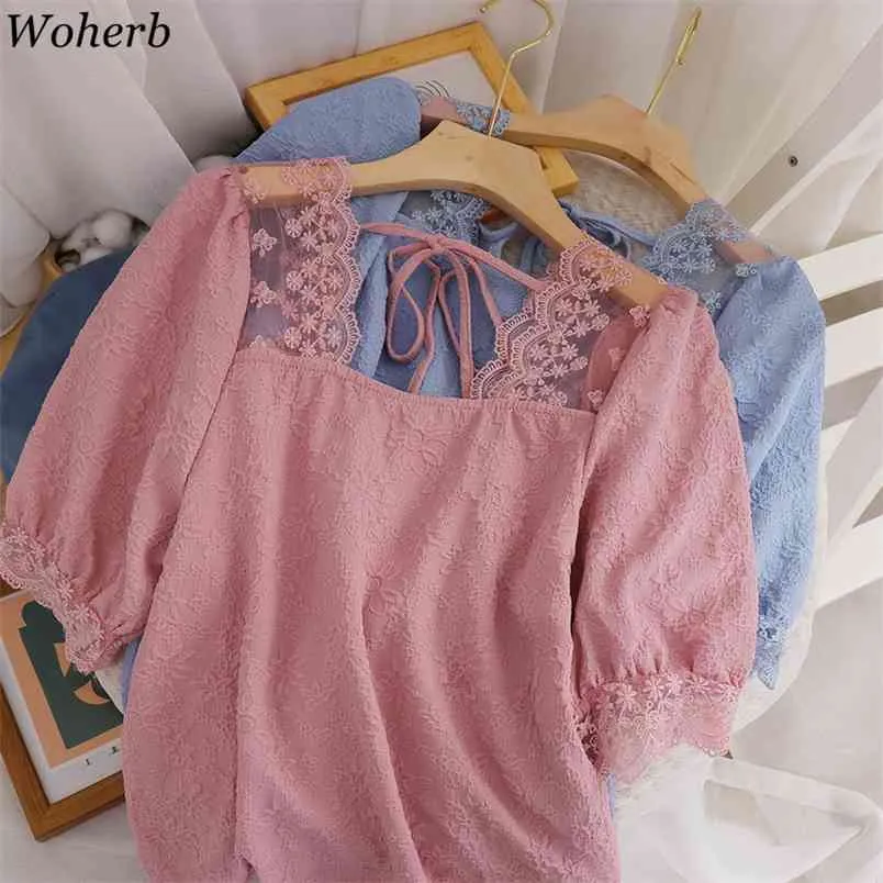 Spring Summer Woman Blouses Lace Square Collar Sweet Puff Sleeve Blusas Mujer BandageTops Korean Shirts Retro 210519