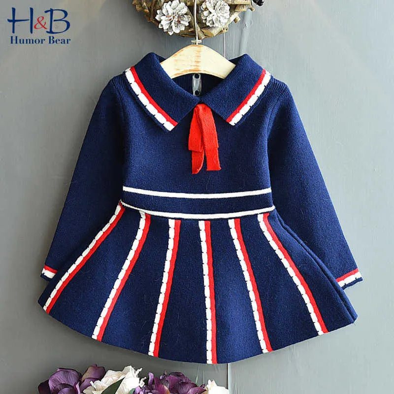 Humour Bear Girls Robe Pull Automne College Wind Rayé Revers Plissé Printemps Et Automne Robe De Princesse Pour Enfants Q0716