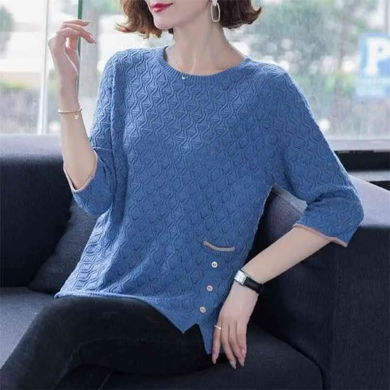 Tre-quarter ärm knit tröja kvinnor våren och höst löst botten liten mode västerländsk stil 210427